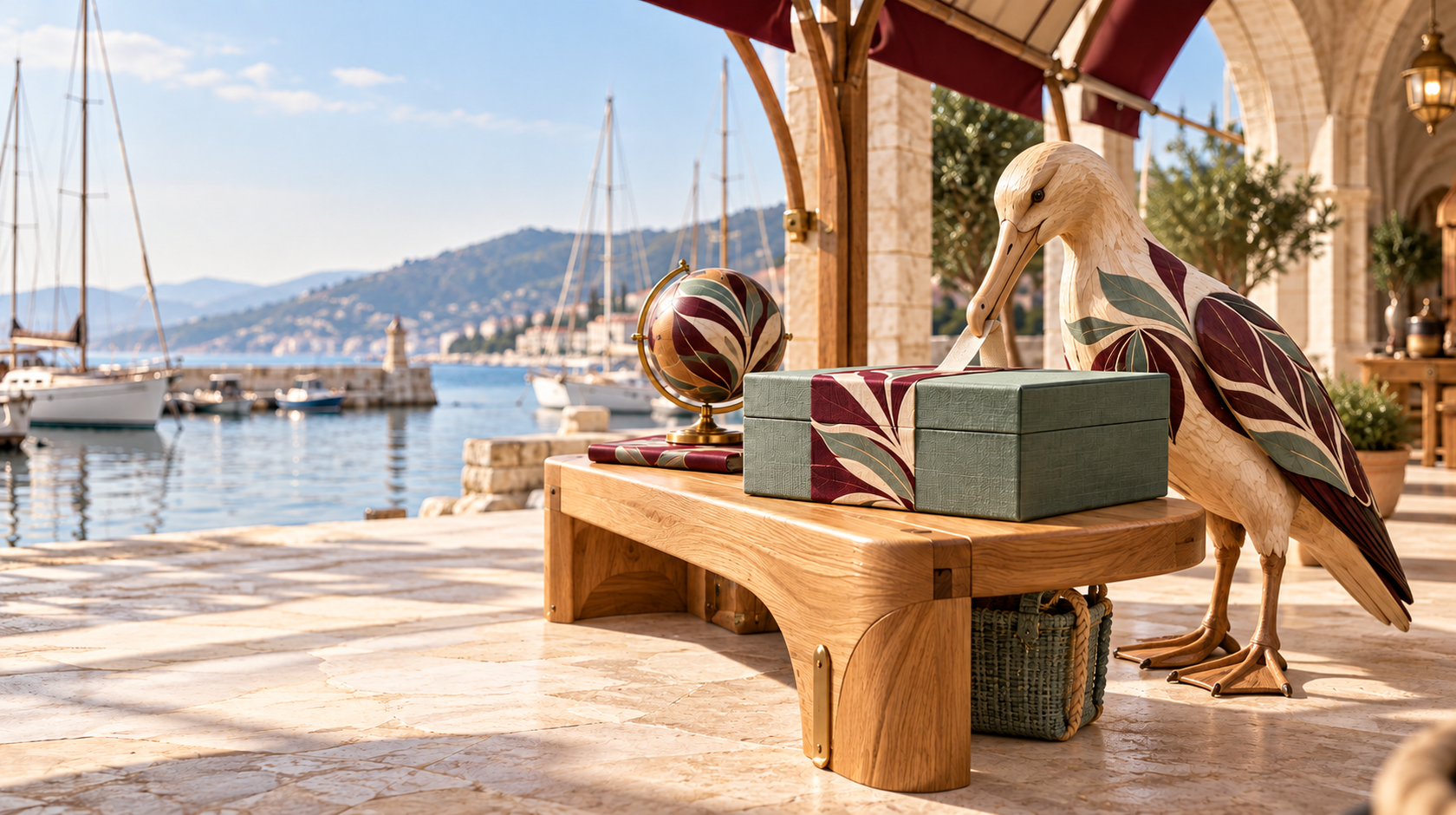 A carved migratory bird checks a parcel on an open coastal dispatch terrace