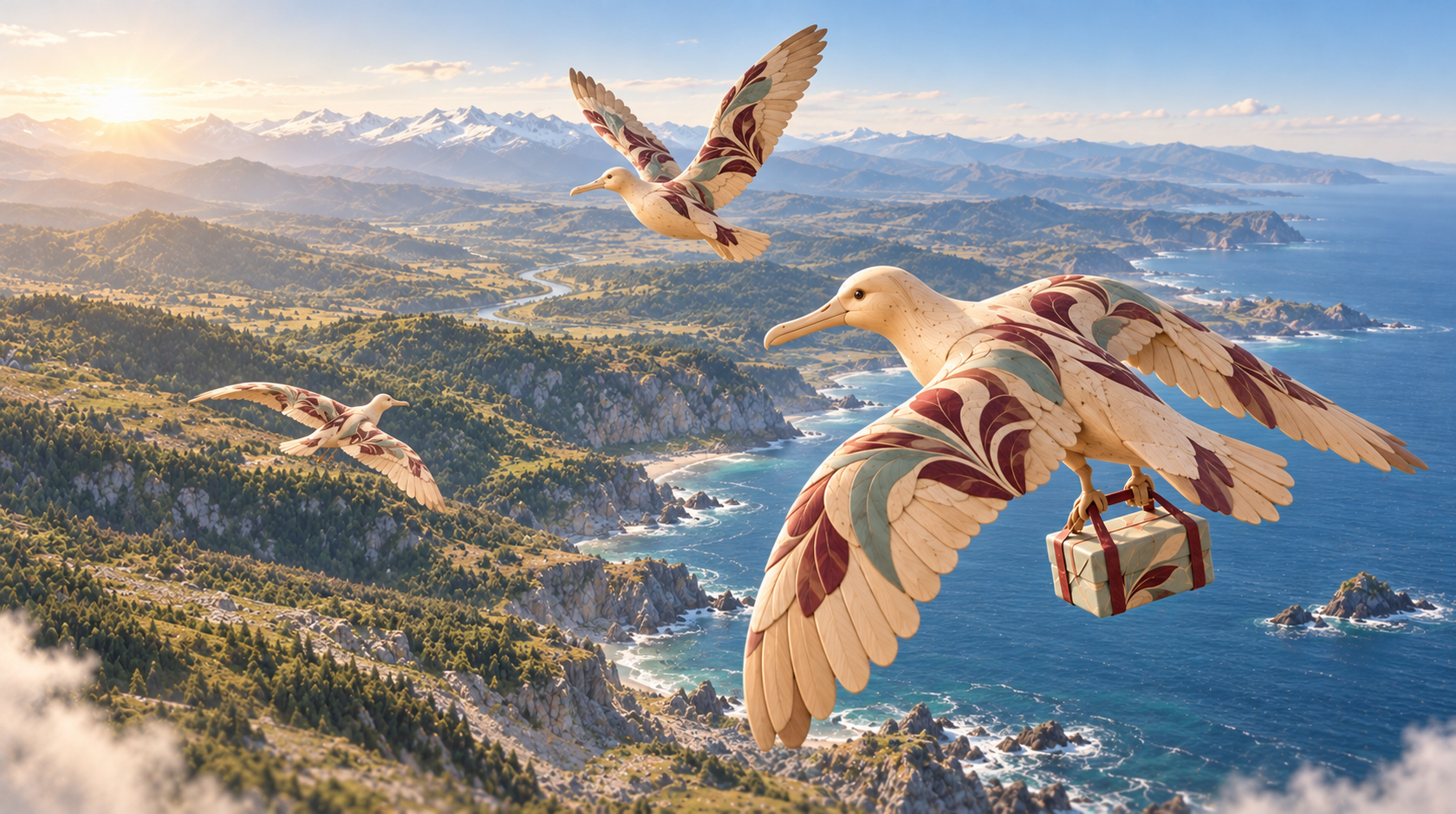 Three carved albatrosses in flight over a continuous coastline