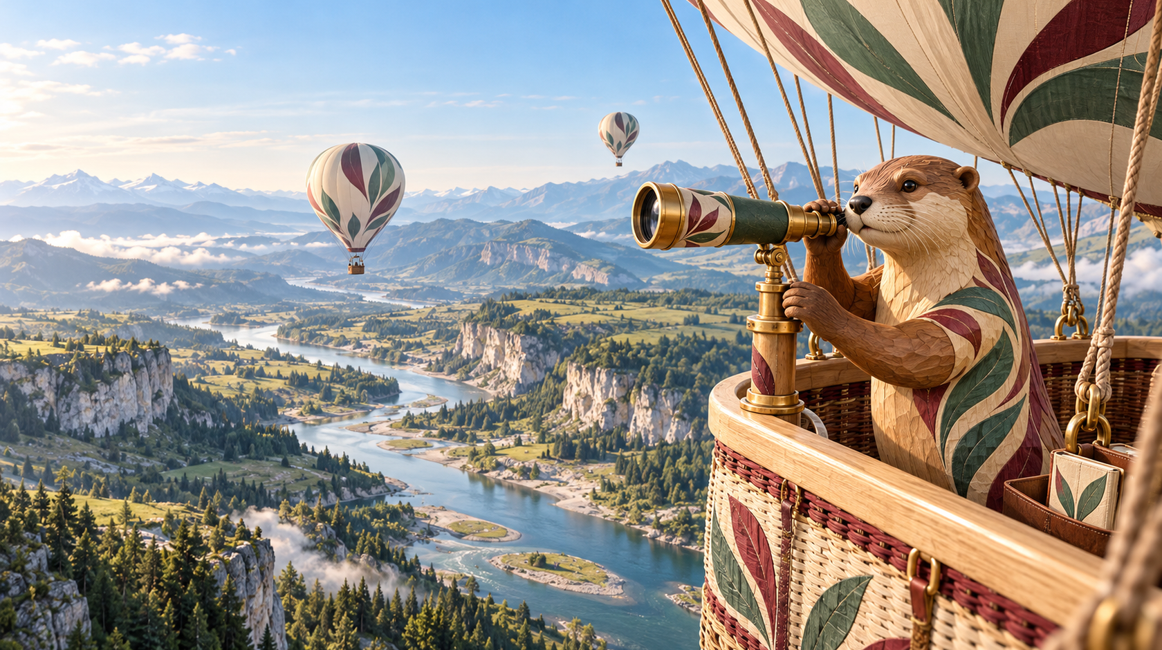 A carved explorer adjusts a telescope from a balloon basket