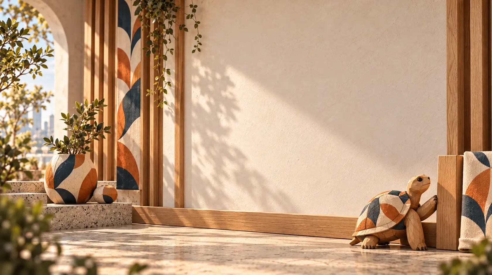 Decorative concept framing with a blank wall, patterned linen and a carved tortoise; no customer work is shown.